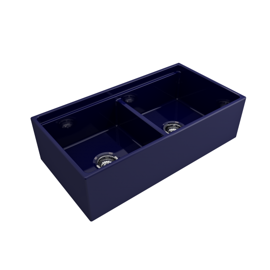 Apron Front Step Rim with Integrated Work Station Fireclay 36 in. Double Bowl Kitchen Sink with Accessories in Sapphire Blue