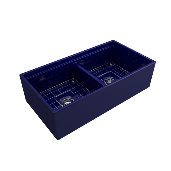 Apron Front Step Rim with Integrated Work Station Fireclay 36 in. Double Bowl Kitchen Sink with Accessories in Sapphire Blue