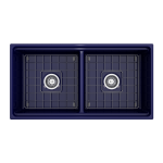 Apron Front Step Rim with Integrated Work Station Fireclay 36 in. Double Bowl Kitchen Sink with Accessories in Sapphire Blue