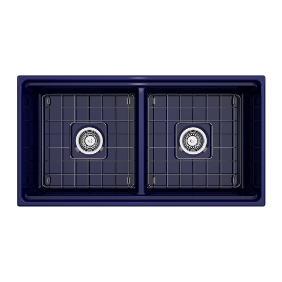 Apron Front Step Rim with Integrated Work Station Fireclay 36 in. Double Bowl Kitchen Sink with Accessories in Sapphire Blue