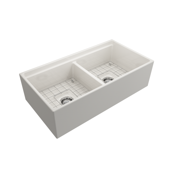 Apron Front Step Rim with Integrated Work Station Fireclay 36 in. Double Bowl Kitchen Sink with Accessories in Biscuit