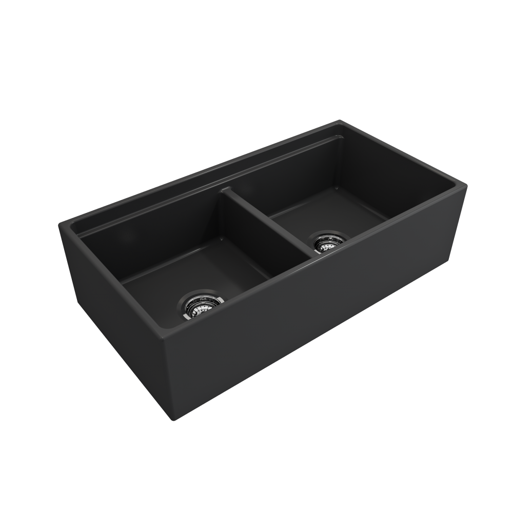 Apron Front Step Rim with Integrated Work Station Fireclay 36 in. Double Bowl Kitchen Sink with Accessories in Matte Dark Gra