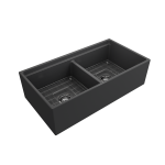 Apron Front Step Rim with Integrated Work Station Fireclay 36 in. Double Bowl Kitchen Sink with Accessories in Matte Dark Gra