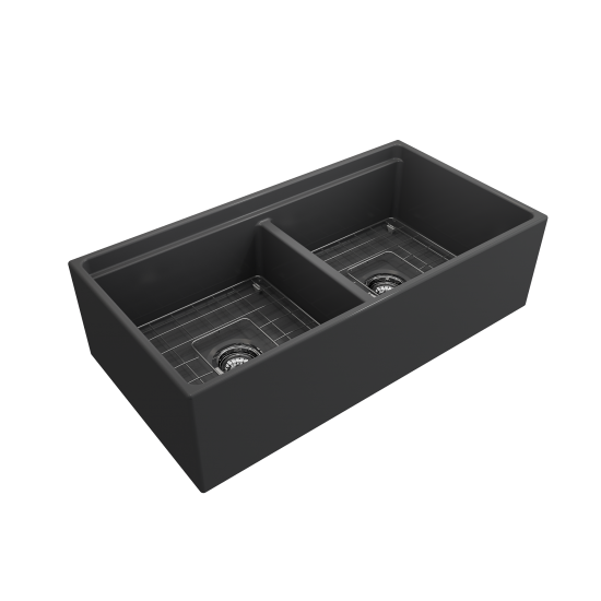 Apron Front Step Rim with Integrated Work Station Fireclay 36 in. Double Bowl Kitchen Sink with Accessories in Matte Dark Gra