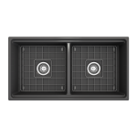 Apron Front Step Rim with Integrated Work Station Fireclay 36 in. Double Bowl Kitchen Sink with Accessories in Matte Dark Gra