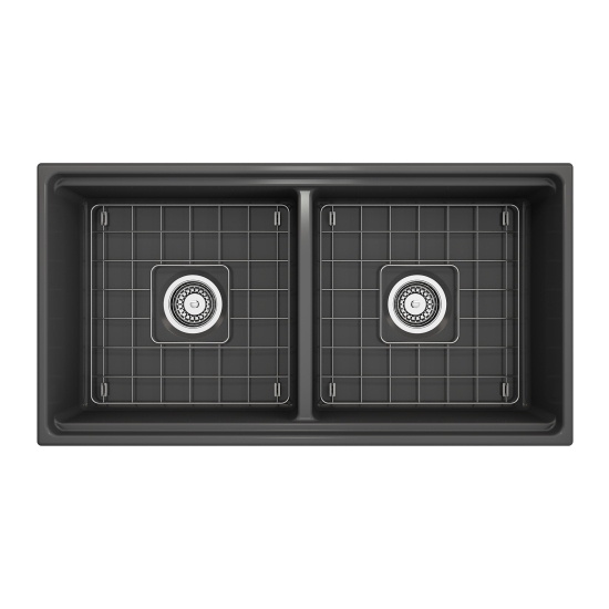 Apron Front Step Rim with Integrated Work Station Fireclay 36 in. Double Bowl Kitchen Sink with Accessories in Matte Dark Gra