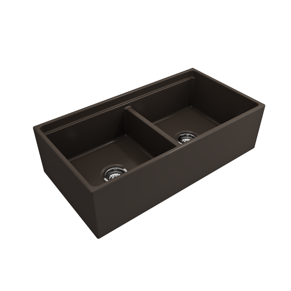 Apron Front Step Rim with Integrated Work Station Fireclay 36 in. Double Bowl Kitchen Sink with Accessories in Matte Brown