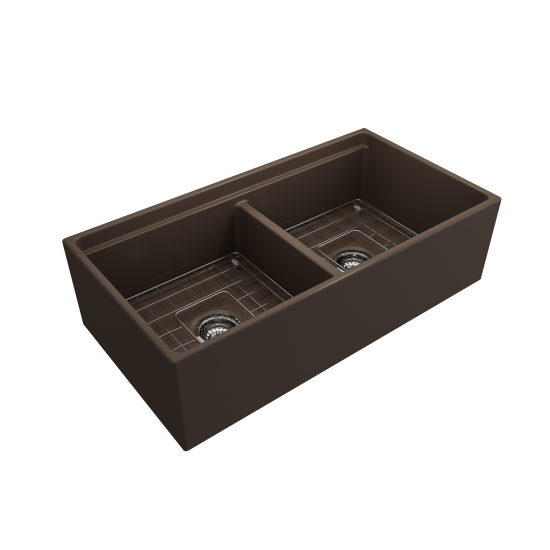 Apron Front Step Rim with Integrated Work Station Fireclay 36 in. Double Bowl Kitchen Sink with Accessories in Matte Brown