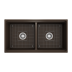 Apron Front Step Rim with Integrated Work Station Fireclay 36 in. Double Bowl Kitchen Sink with Accessories in Matte Brown