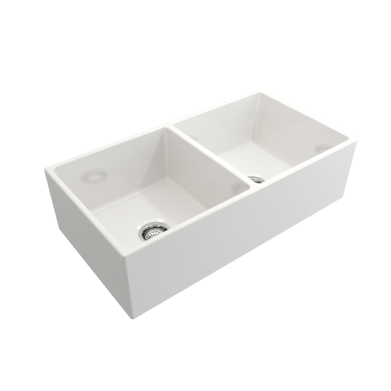 Contempo Apron Front Fireclay 36 in. Double Bowl Kitchen Sink with Protective Bottom Grids and Strainers in White