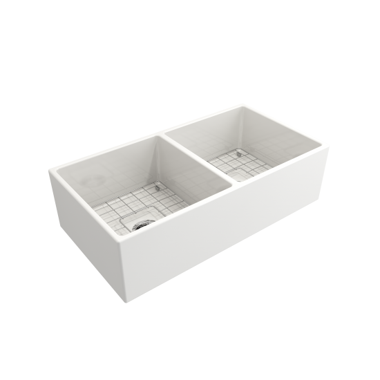 Contempo Apron Front Fireclay 36 in. Double Bowl Kitchen Sink with Protective Bottom Grids and Strainers in White