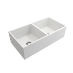 Contempo Apron Front Fireclay 36 in. Double Bowl Kitchen Sink with Protective Bottom Grids and Strainers in Matte White