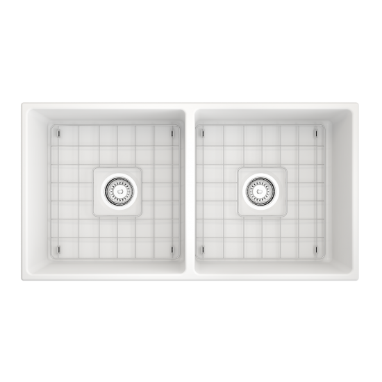 Contempo Apron Front Fireclay 36 in. Double Bowl Kitchen Sink with Protective Bottom Grids and Strainers in Matte White