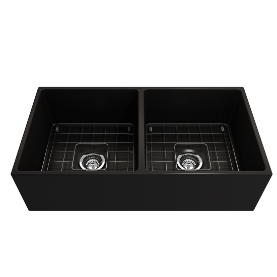 Contempo Apron Front Fireclay 36 in. Double Bowl Kitchen Sink with Protective Bottom Grids and Strainers in Matte Black
