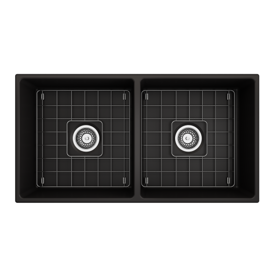 Contempo Apron Front Fireclay 36 in. Double Bowl Kitchen Sink with Protective Bottom Grids and Strainers in Matte Black