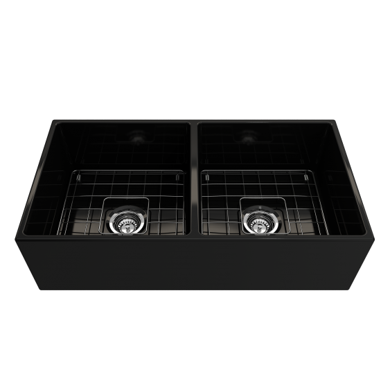 Contempo Apron Front Fireclay 36 in. Double Bowl Kitchen Sink with Protective Bottom Grids and Strainers in Black