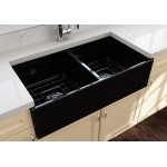 Contempo Apron Front Fireclay 36 in. Double Bowl Kitchen Sink with Protective Bottom Grids and Strainers in Black