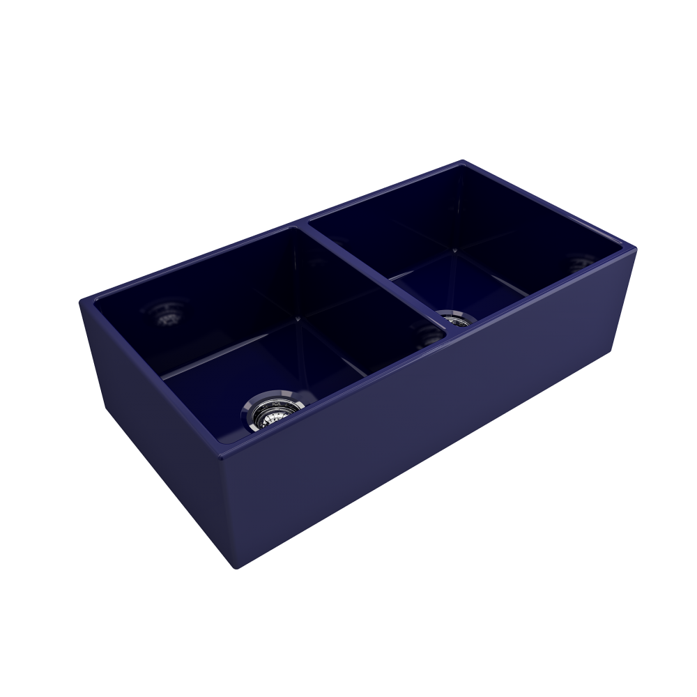 Contempo Apron Front Fireclay 36 in. Double Bowl Kitchen Sink with Protective Bottom Grids and Strainers in Sapphire Blue