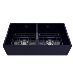Contempo Apron Front Fireclay 36 in. Double Bowl Kitchen Sink with Protective Bottom Grids and Strainers in Sapphire Blue