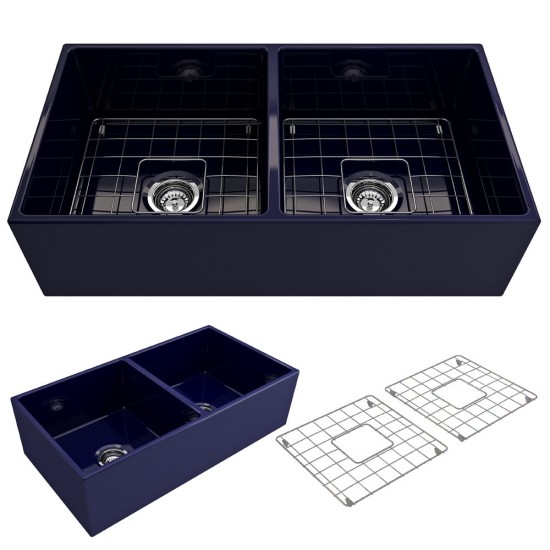 Contempo Apron Front Fireclay 36 in. Double Bowl Kitchen Sink with Protective Bottom Grids and Strainers in Sapphire Blue