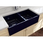 Contempo Apron Front Fireclay 36 in. Double Bowl Kitchen Sink with Protective Bottom Grids and Strainers in Sapphire Blue