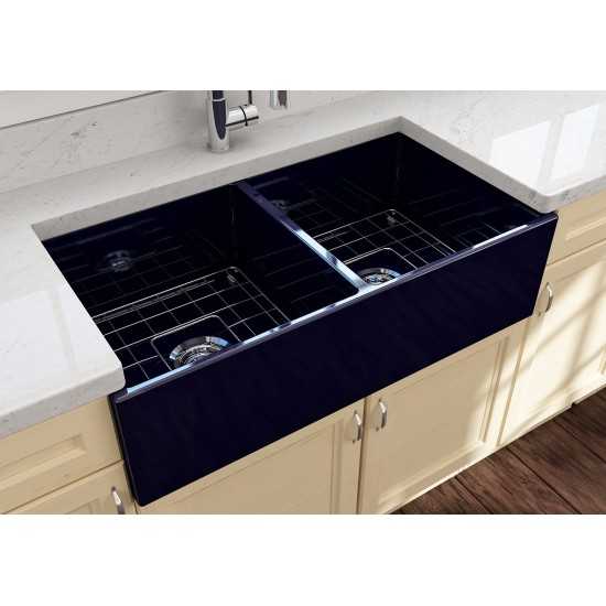 Contempo Apron Front Fireclay 36 in. Double Bowl Kitchen Sink with Protective Bottom Grids and Strainers in Sapphire Blue