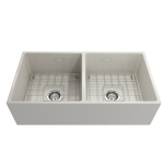 Contempo Apron Front Fireclay 36 in. Double Bowl Kitchen Sink with Protective Bottom Grids and Strainers in Biscuit
