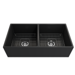 Contempo Apron Front Fireclay 36 in. Double Bowl Kitchen Sink with Protective Bottom Grids and Strainers in Matte Dark Gray