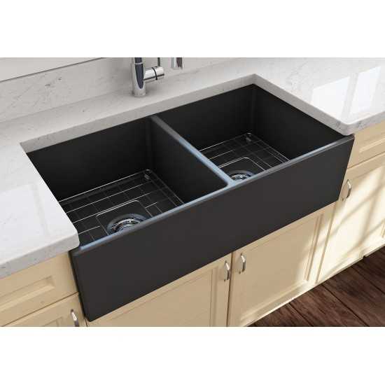 Contempo Apron Front Fireclay 36 in. Double Bowl Kitchen Sink with Protective Bottom Grids and Strainers in Matte Dark Gray