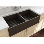 Contempo Apron Front Fireclay 36 in. Double Bowl Kitchen Sink with Protective Bottom Grids and Strainers in Matte Brown