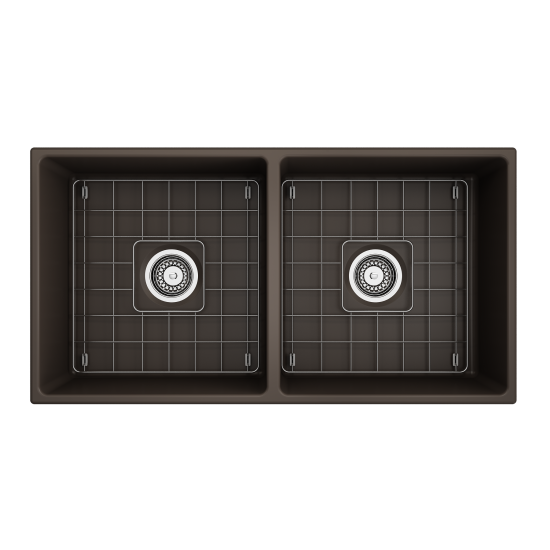 Contempo Apron Front Fireclay 36 in. Double Bowl Kitchen Sink with Protective Bottom Grids and Strainers in Matte Brown