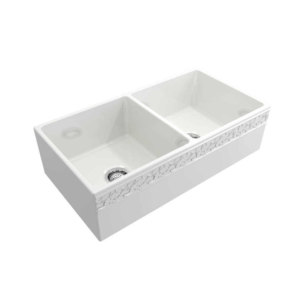 Vigneto Apron Front Fireclay 36 in. Double Bowl Kitchen Sink with Protective Bottom Grids and Strainers in White