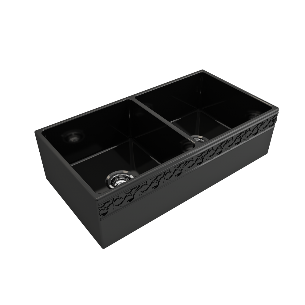 Vigneto Apron Front Fireclay 36 in. Double Bowl Kitchen Sink with Protective Bottom Grids and Strainers in Black