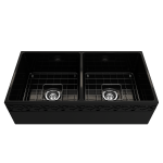 Vigneto Apron Front Fireclay 36 in. Double Bowl Kitchen Sink with Protective Bottom Grids and Strainers in Black