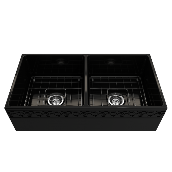 Vigneto Apron Front Fireclay 36 in. Double Bowl Kitchen Sink with Protective Bottom Grids and Strainers in Black