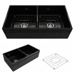 Vigneto Apron Front Fireclay 36 in. Double Bowl Kitchen Sink with Protective Bottom Grids and Strainers in Black