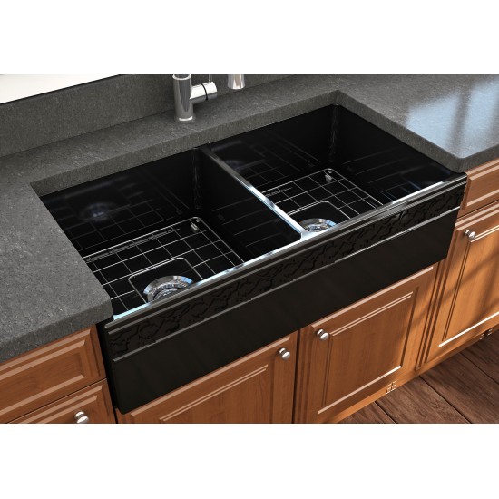 Vigneto Apron Front Fireclay 36 in. Double Bowl Kitchen Sink with Protective Bottom Grids and Strainers in Black