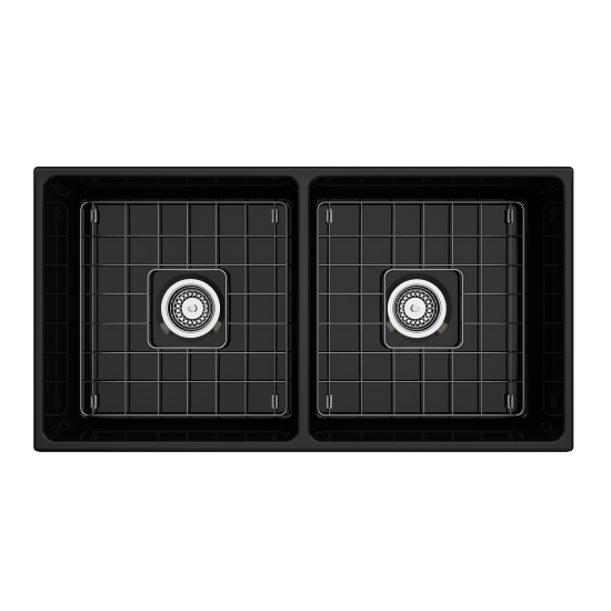 Vigneto Apron Front Fireclay 36 in. Double Bowl Kitchen Sink with Protective Bottom Grids and Strainers in Black