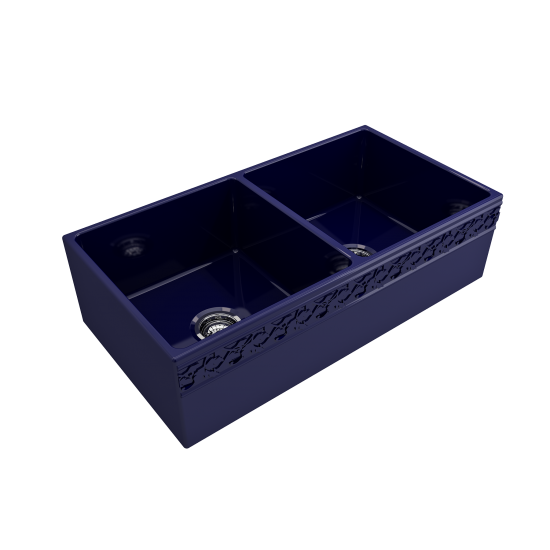 Vigneto Apron Front Fireclay 36 in. Double Bowl Kitchen Sink with Protective Bottom Grids and Strainers in Sapphire Blue