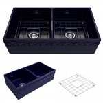 Vigneto Apron Front Fireclay 36 in. Double Bowl Kitchen Sink with Protective Bottom Grids and Strainers in Sapphire Blue