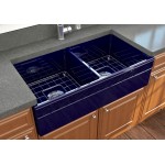 Vigneto Apron Front Fireclay 36 in. Double Bowl Kitchen Sink with Protective Bottom Grids and Strainers in Sapphire Blue