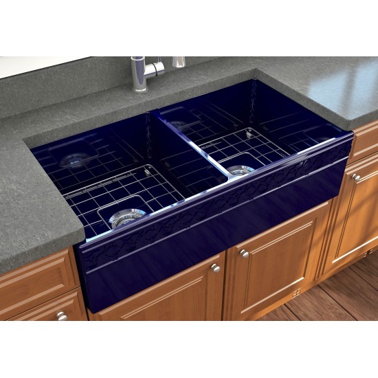 Vigneto Apron Front Fireclay 36 in. Double Bowl Kitchen Sink with Protective Bottom Grids and Strainers in Sapphire Blue