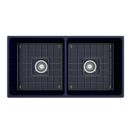 Vigneto Apron Front Fireclay 36 in. Double Bowl Kitchen Sink with Protective Bottom Grids and Strainers in Sapphire Blue