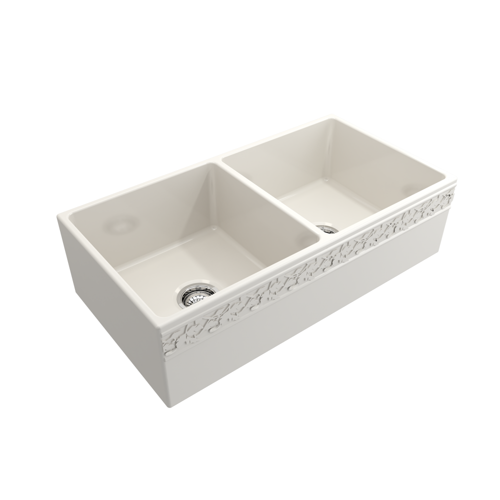 Vigneto Apron Front Fireclay 36 in. Double Bowl Kitchen Sink with Protective Bottom Grids and Strainers in Biscuit