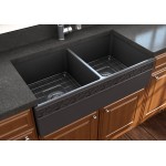Vigneto Apron Front Fireclay 36 in. Double Bowl Kitchen Sink with Protective Bottom Grids and Strainers in Matte Dark Gray