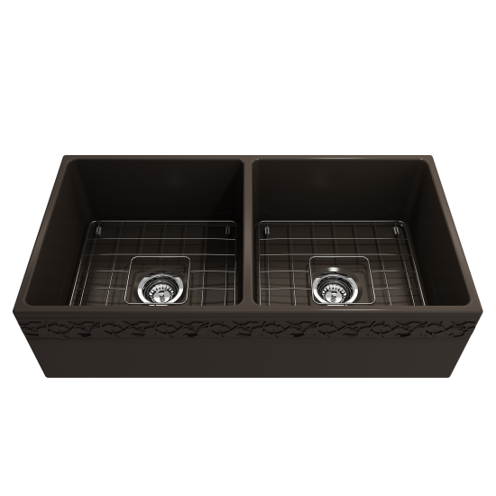 Vigneto Apron Front Fireclay 36 in. Double Bowl Kitchen Sink with Protective Bottom Grids and Strainers in Matte Brown