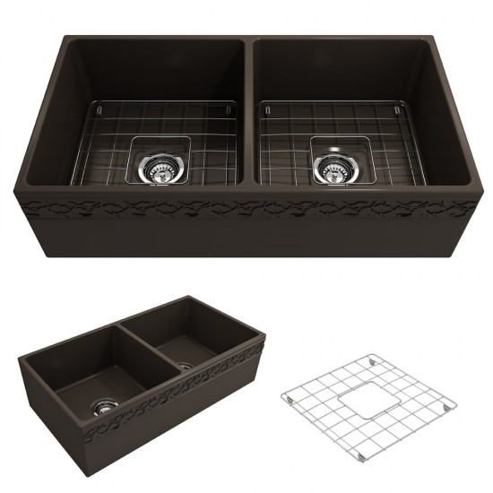 Vigneto Apron Front Fireclay 36 in. Double Bowl Kitchen Sink with Protective Bottom Grids and Strainers in Matte Brown