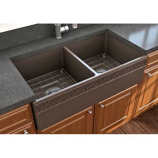 Vigneto Apron Front Fireclay 36 in. Double Bowl Kitchen Sink with Protective Bottom Grids and Strainers in Matte Brown