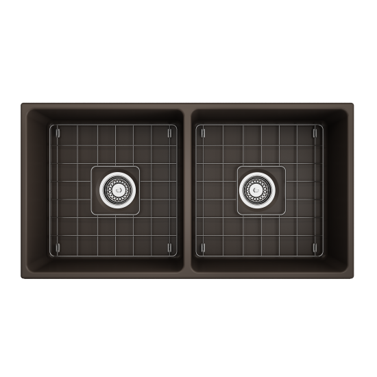 Vigneto Apron Front Fireclay 36 in. Double Bowl Kitchen Sink with Protective Bottom Grids and Strainers in Matte Brown