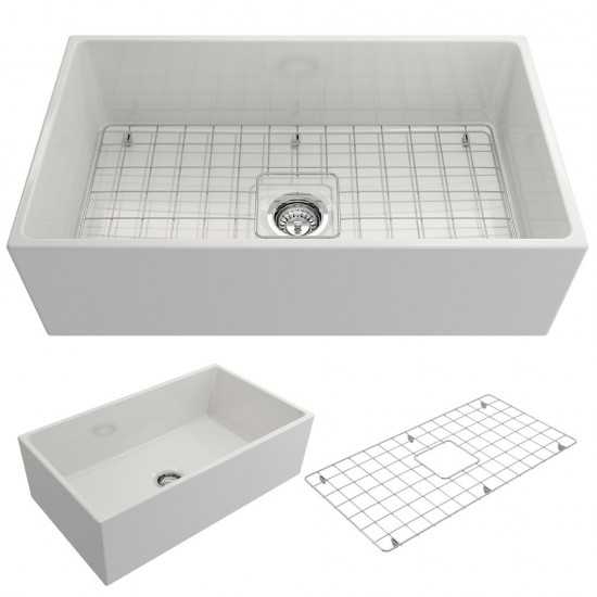 Contempo Apron Front Fireclay 33 in. Single Bowl Kitchen Sink with Protective Bottom Grid and Strainer in White